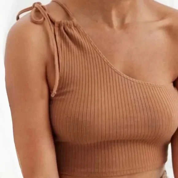 Aerie Tank Top Women's Cropped One Shoulder Tie Ribbed Playful Boho Beige XL - Picture 9 of 9